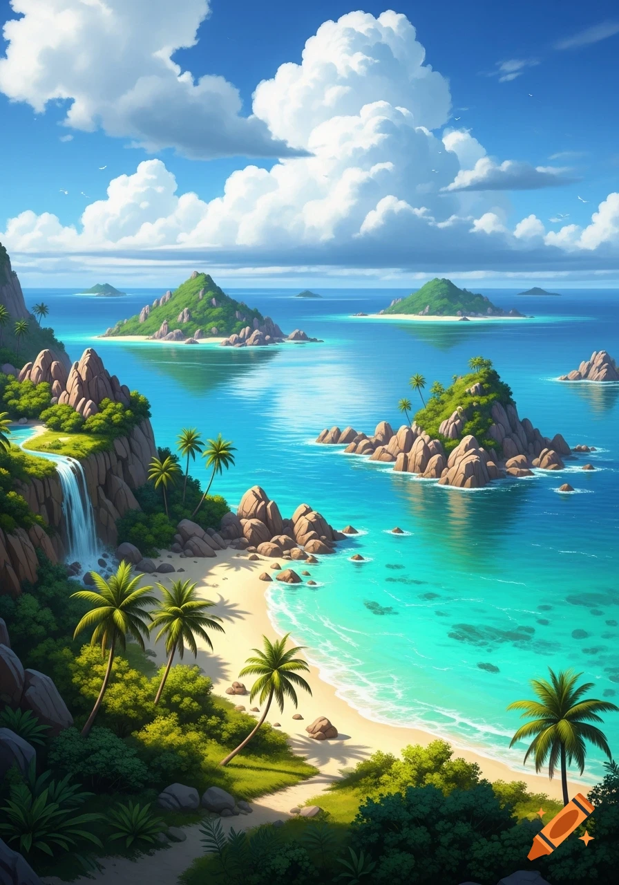 Vibrant tropical island landscape with a white sand beach, turquoise ocean, palm trees, and a waterfall under a blue sky.