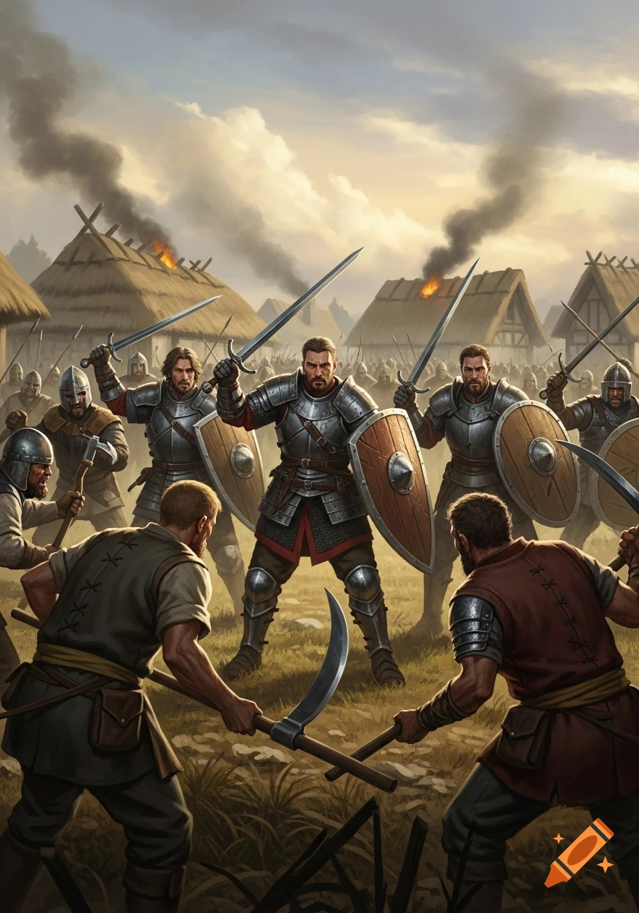 Armored warriors with swords and shields face men with scythes in a medieval village under attack, with burning huts in the background.