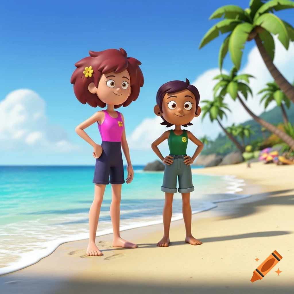 3D animated Anne Boochuy in pink swimsuit and Luz Noceda in green top and shorts stand barefoot on a sunny beach.