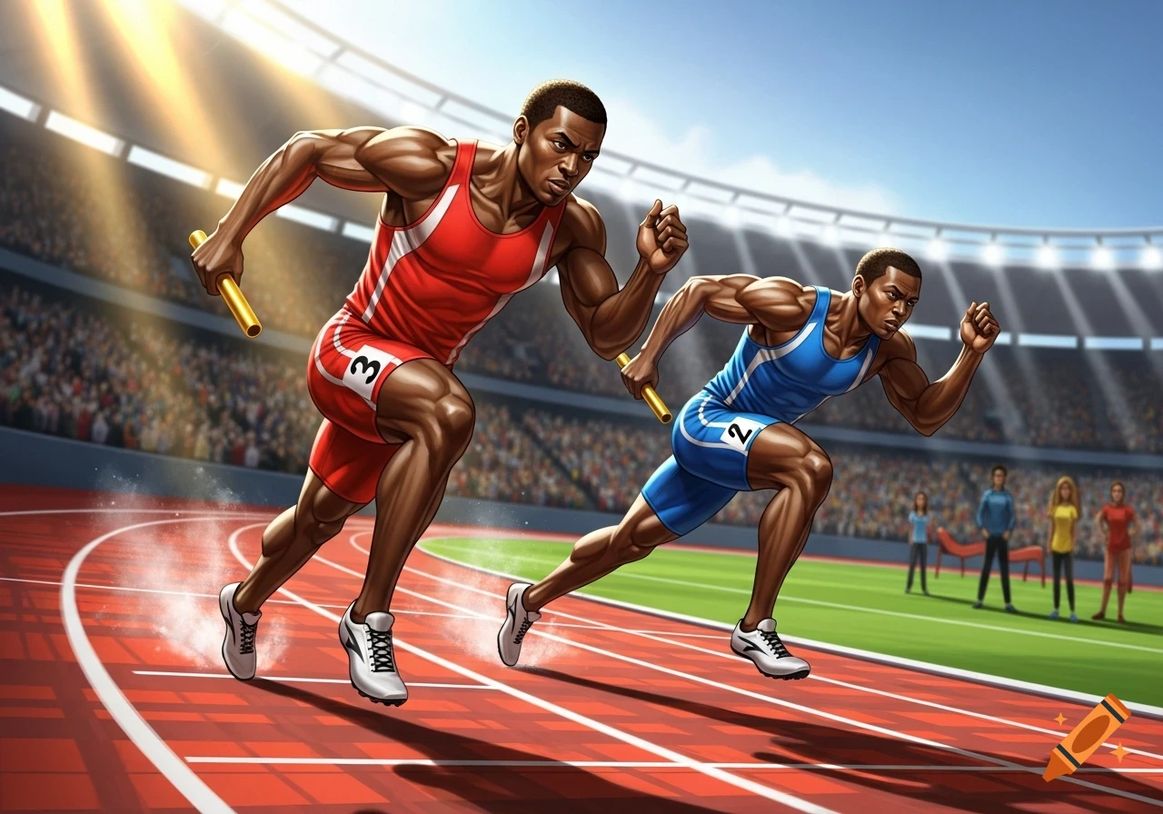 Two muscular male runners in red and blue uniforms, holding batons, sprint on a track in a sunny stadium, illustration.