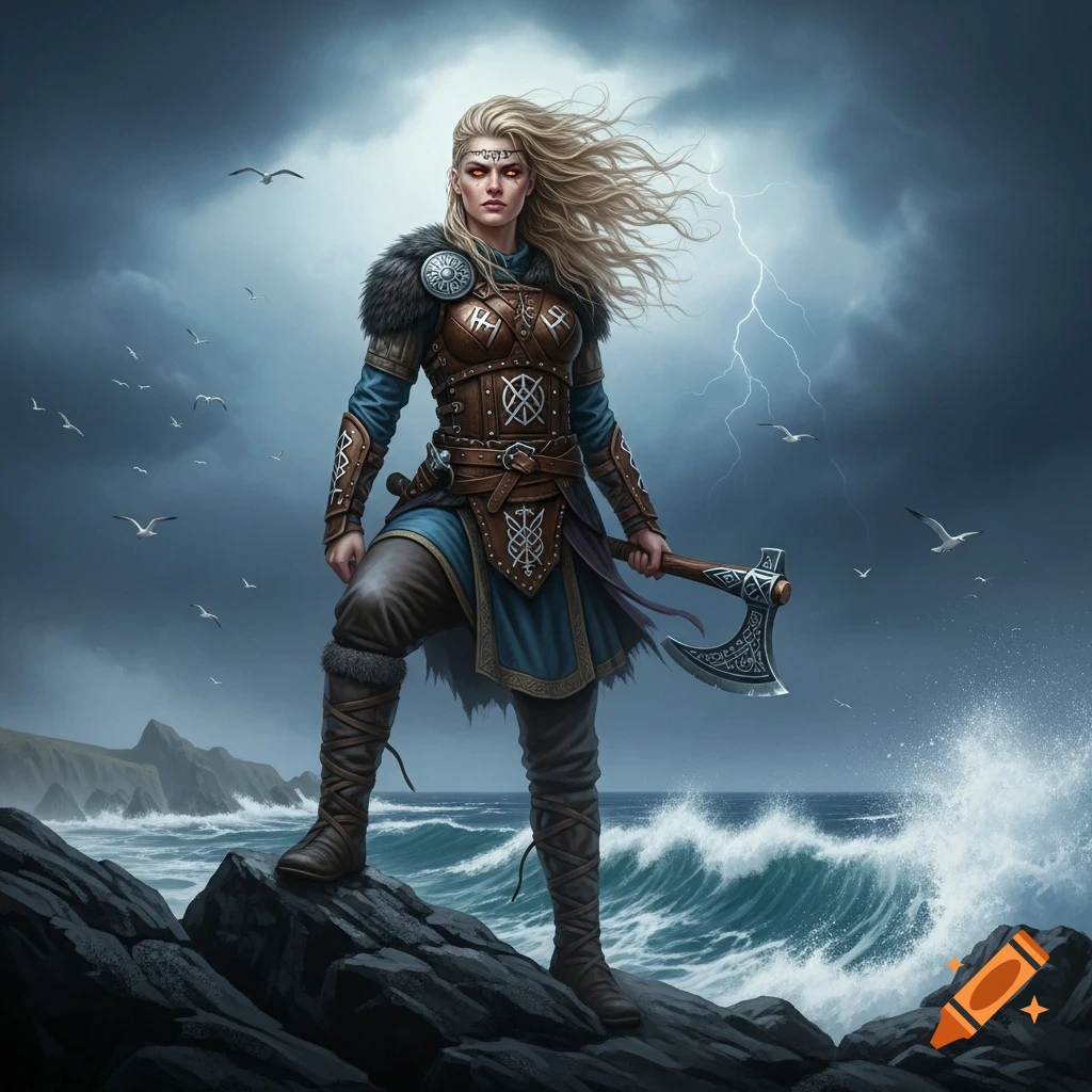 A powerful female Viking warrior with blonde hair stands on dark rocks by a stormy sea, holding an axe under a lightning-filled sky.