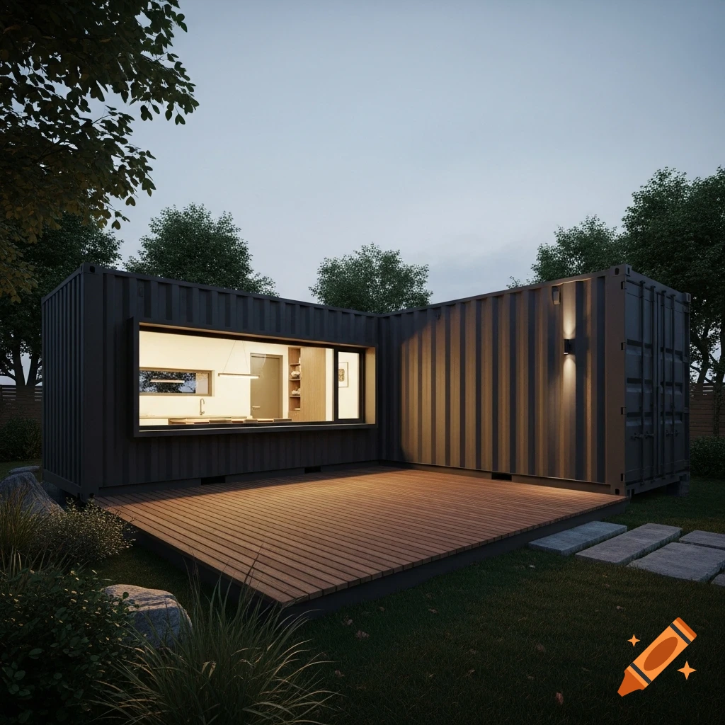 A modern L-shaped house made from dark shipping containers with a wooden deck and a long horizontal window, set in a green yard at dusk.