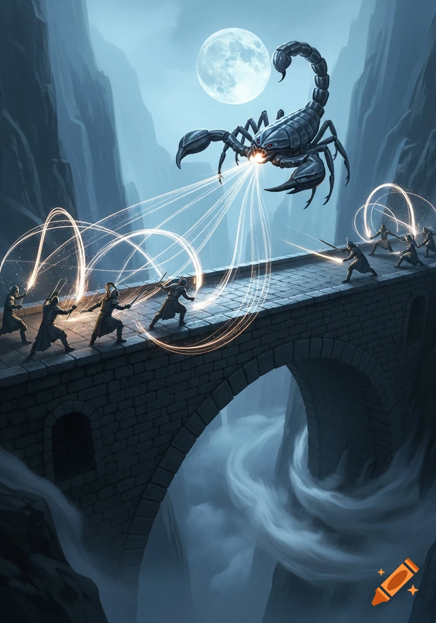 A colossal mechanical scorpion attacks armored warriors on a stone bridge with energy blasts, set against a full moon and misty mountains.