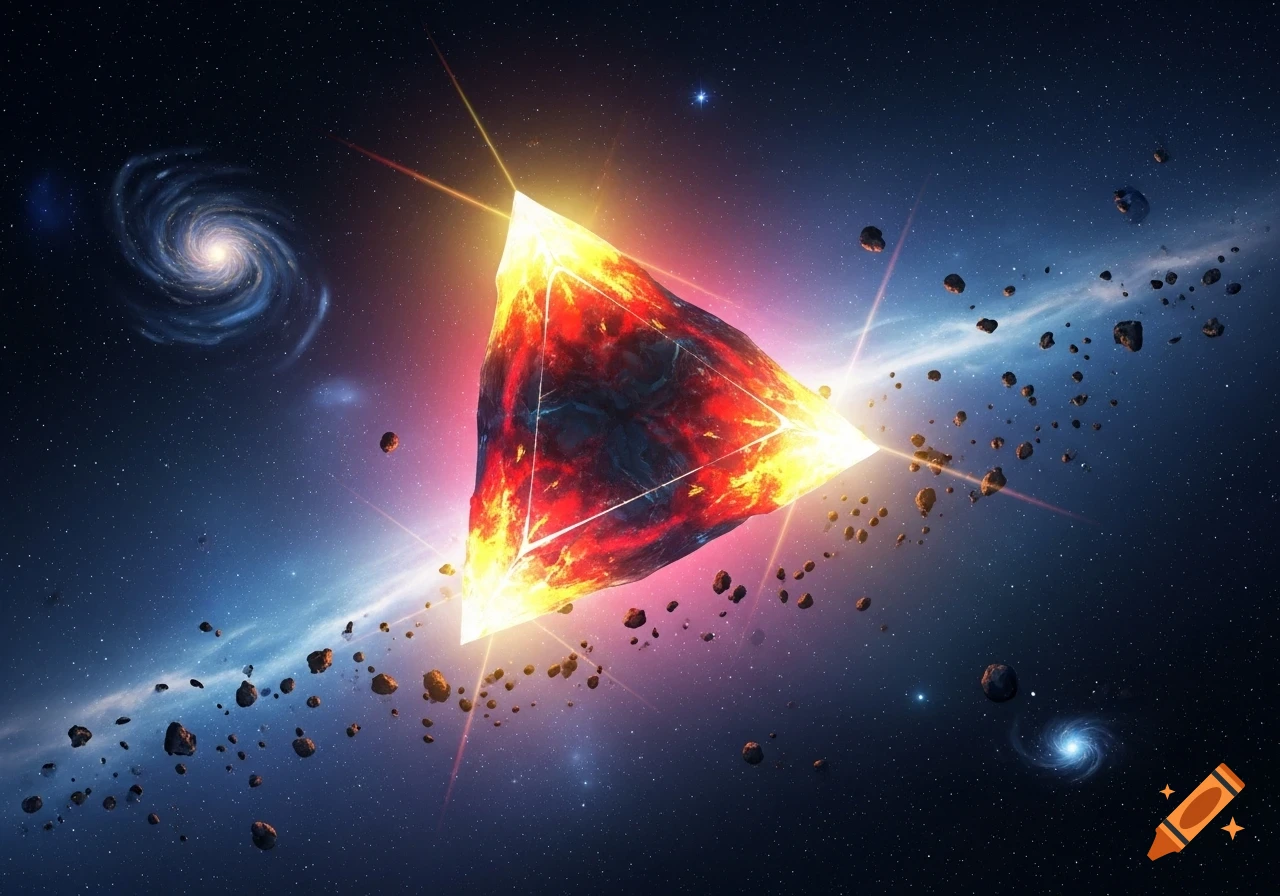 A vibrant, glowing triangular object, red, orange, and yellow, floats in deep space, surrounded by asteroids and a spiral galaxy.