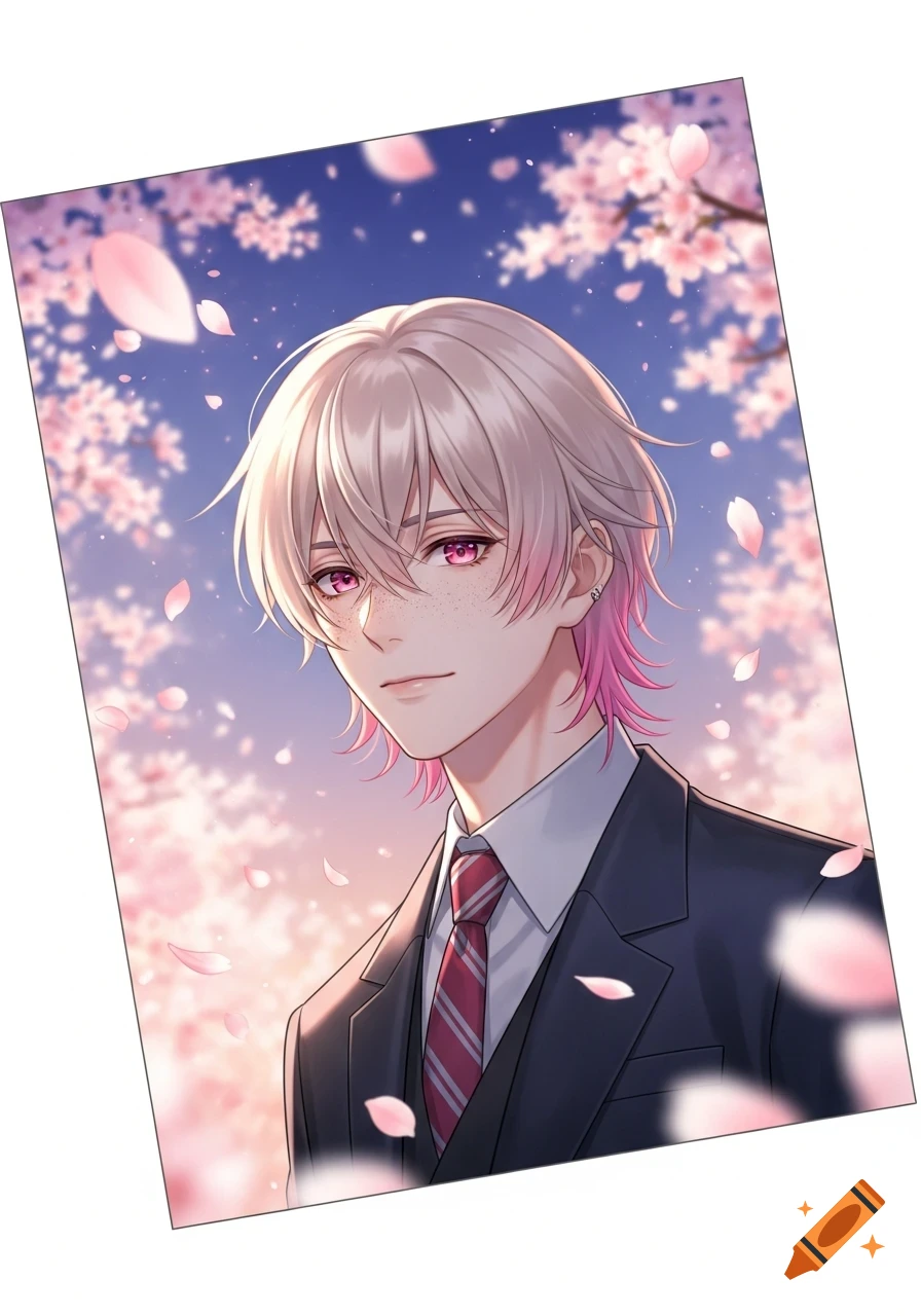 An anime man with pale blonde hair and pink tips, pink eyes, and freckles, wearing a suit, surrounded by pink cherry blossoms.