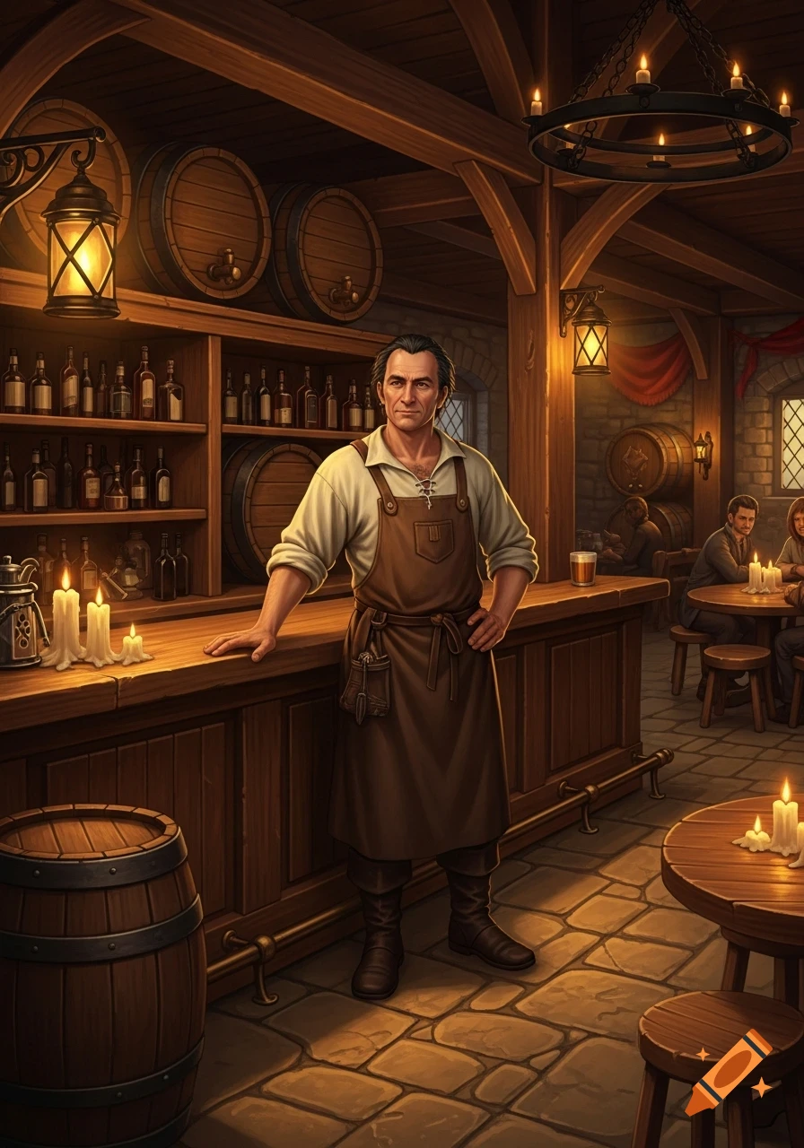 A dark-haired tavern keeper in an apron stands behind a wooden bar in a medieval-style tavern with barrels, bottles, and patrons.
