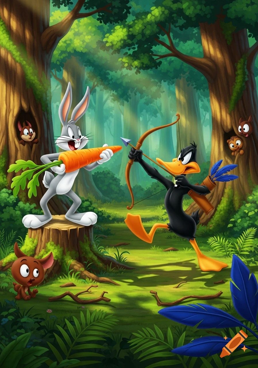 Bugs Bunny holds a carrot like a weapon while Daffy Duck aims a bow and arrow at him in a vibrant cartoon forest.