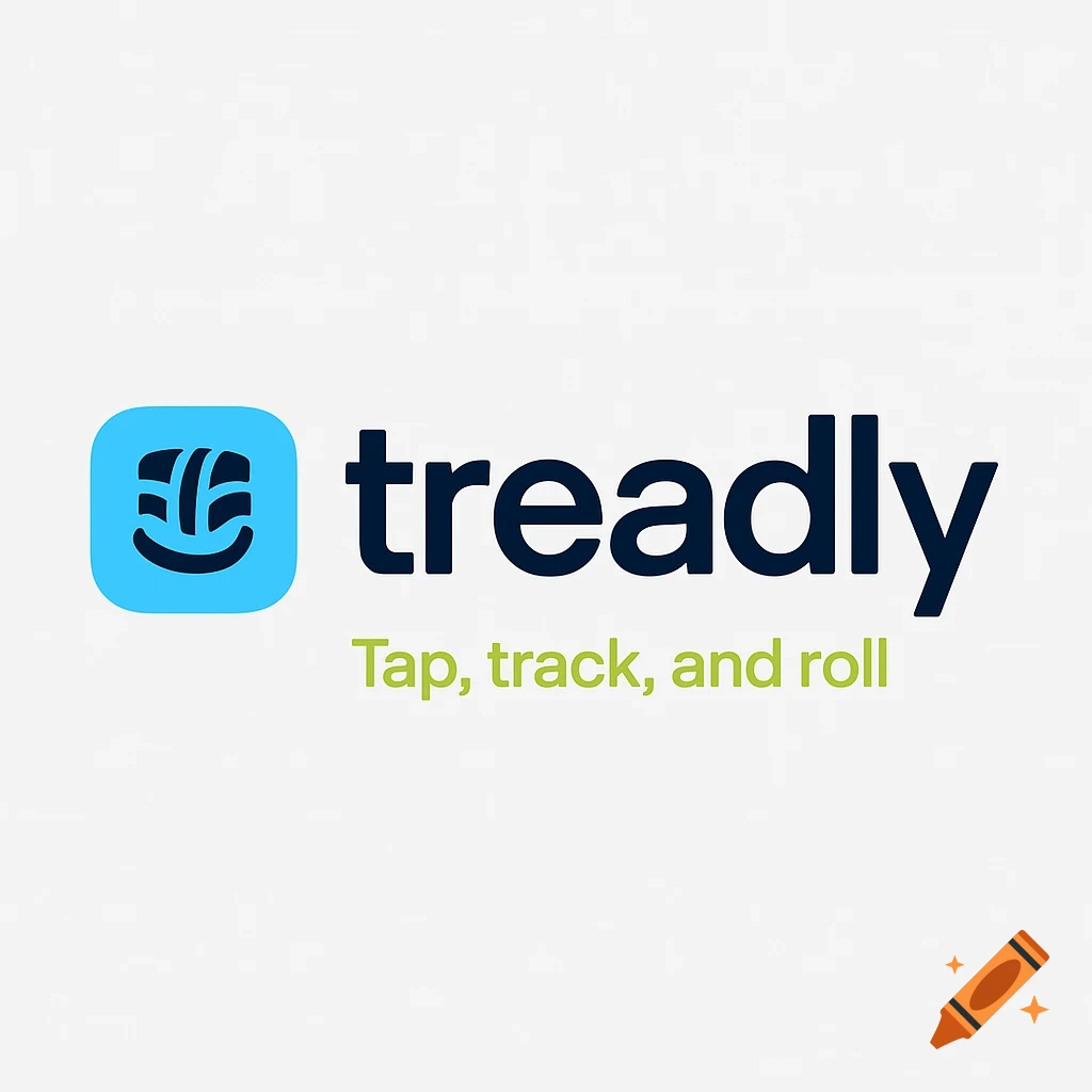 Blue Treadly app logo with a stylized tire tread icon forming a smile and the tagline 'Tap, track, and roll'.