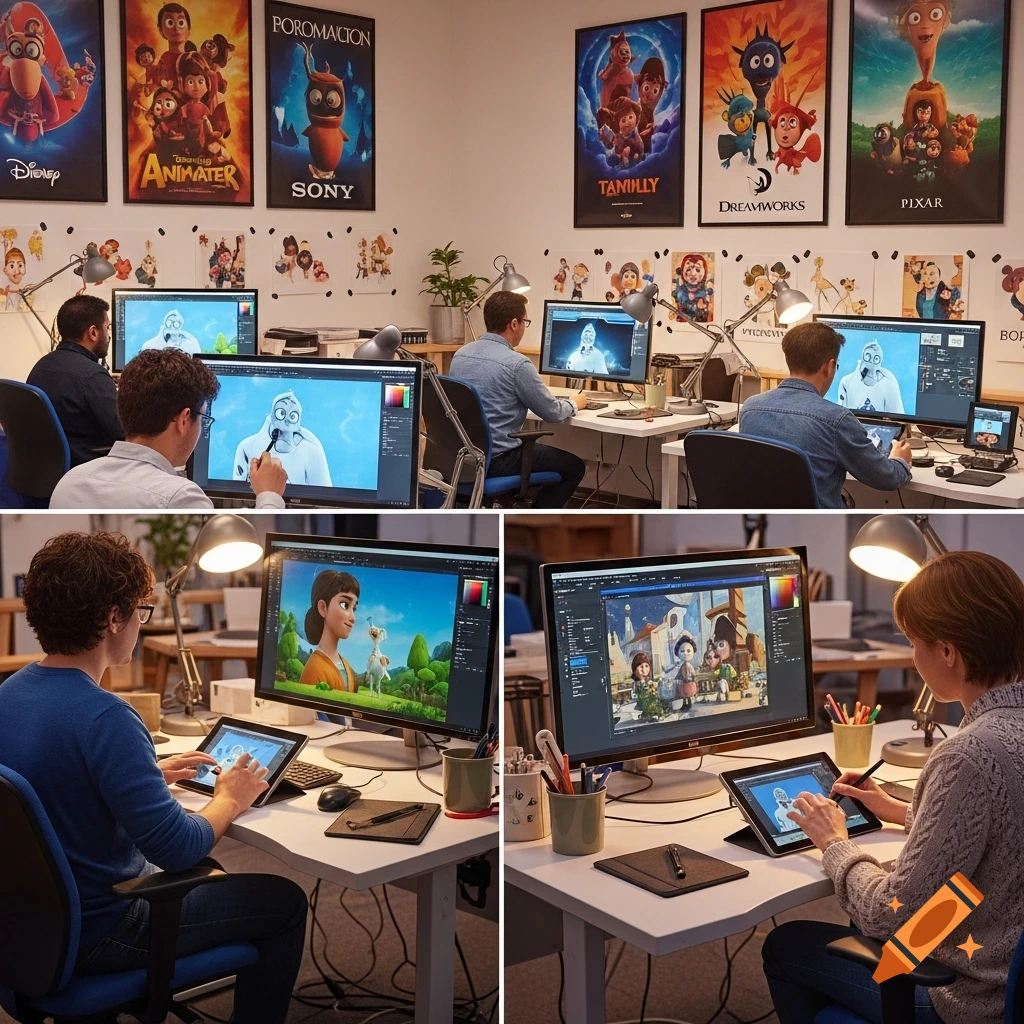 People working at computers and drawing tablets in a brightly lit animation studio, with character posters on the wall.