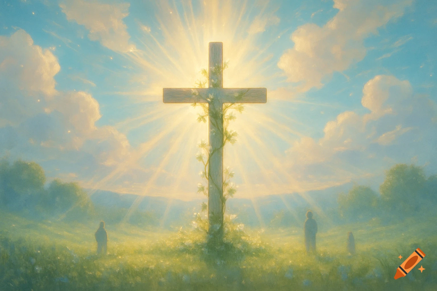 A luminous wooden cross entwined with vines stands in a sun-drenched, misty green field under a blue sky, with two distant figures.
