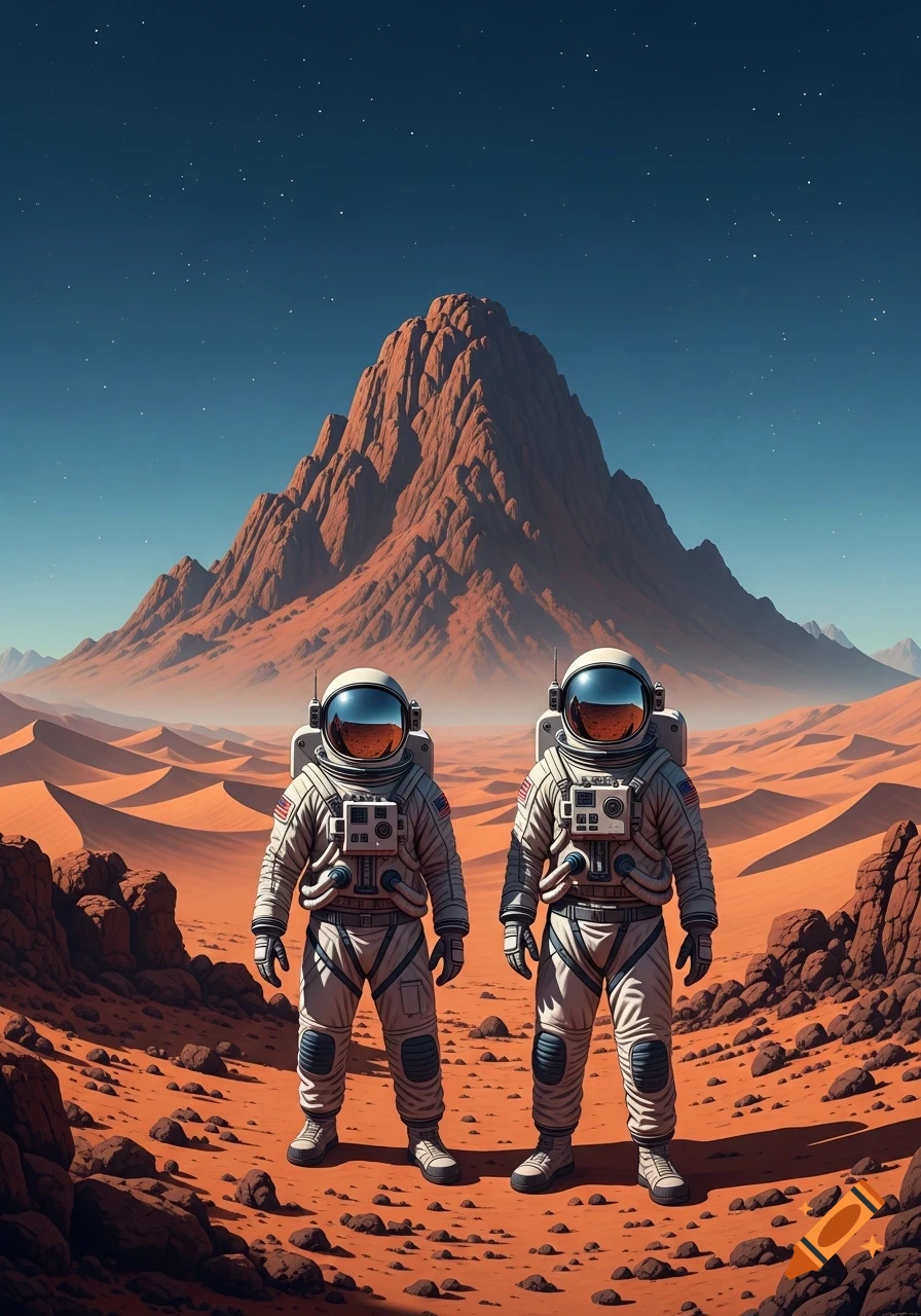 Two astronauts stand on a red, rocky Martian landscape with a large ...