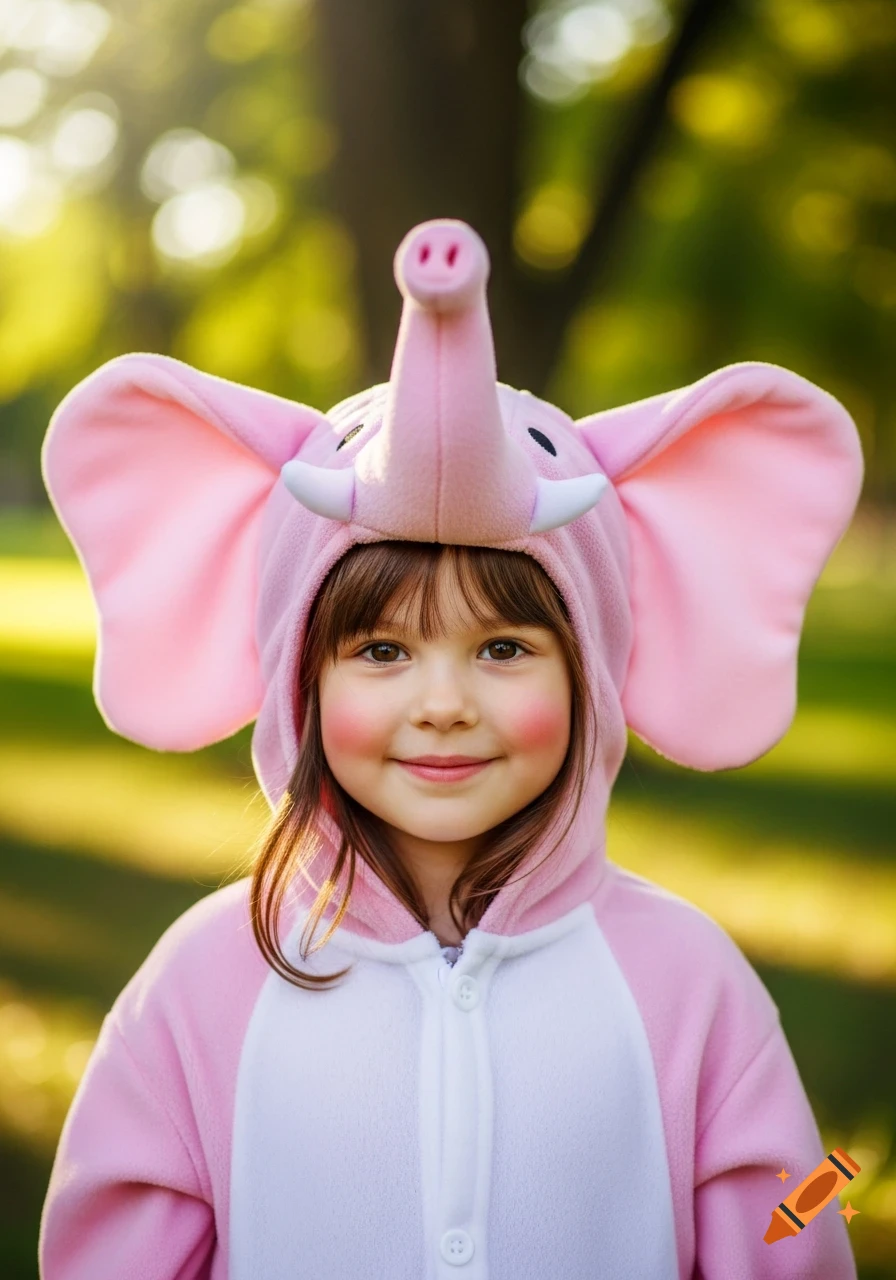 A smiling young girl with brown hair wears a pink elephant costume in a sunny outdoor setting.