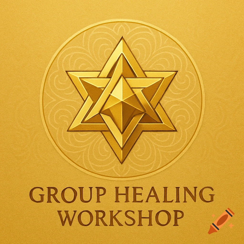 Gold logo featuring a geometric star design and the text 'Group Healing Workshop' on a textured background.