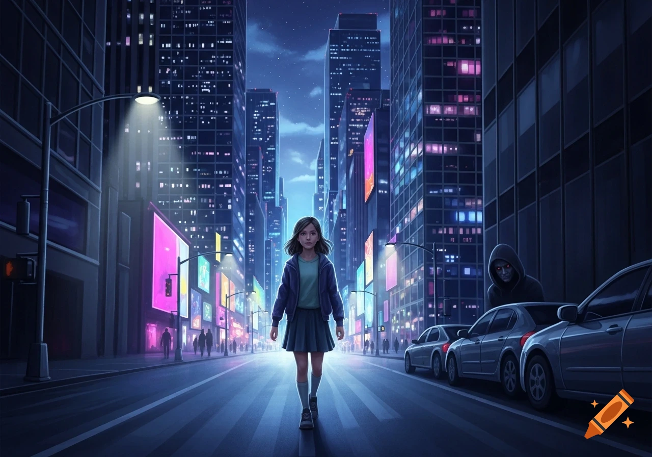 A young girl walks alone down a neon-lit city street at night, while a hooded figure with glowing red eyes watches from behind parked cars. Digital art.