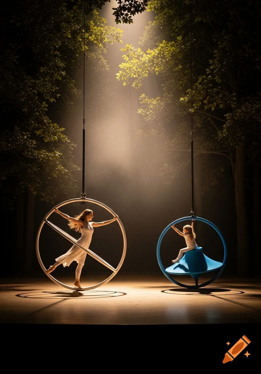 An adult woman on a white Cyr wheel and a child in a blue aerial hoop perform under a dramatic spotlight in a dark setting with trees.