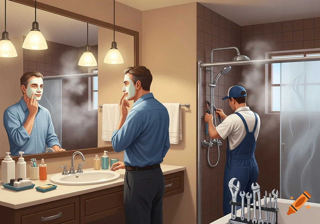 An illustrative image shows two men in a bathroom. One applies a face mask in the mirror, while the other repairs a steaming shower.