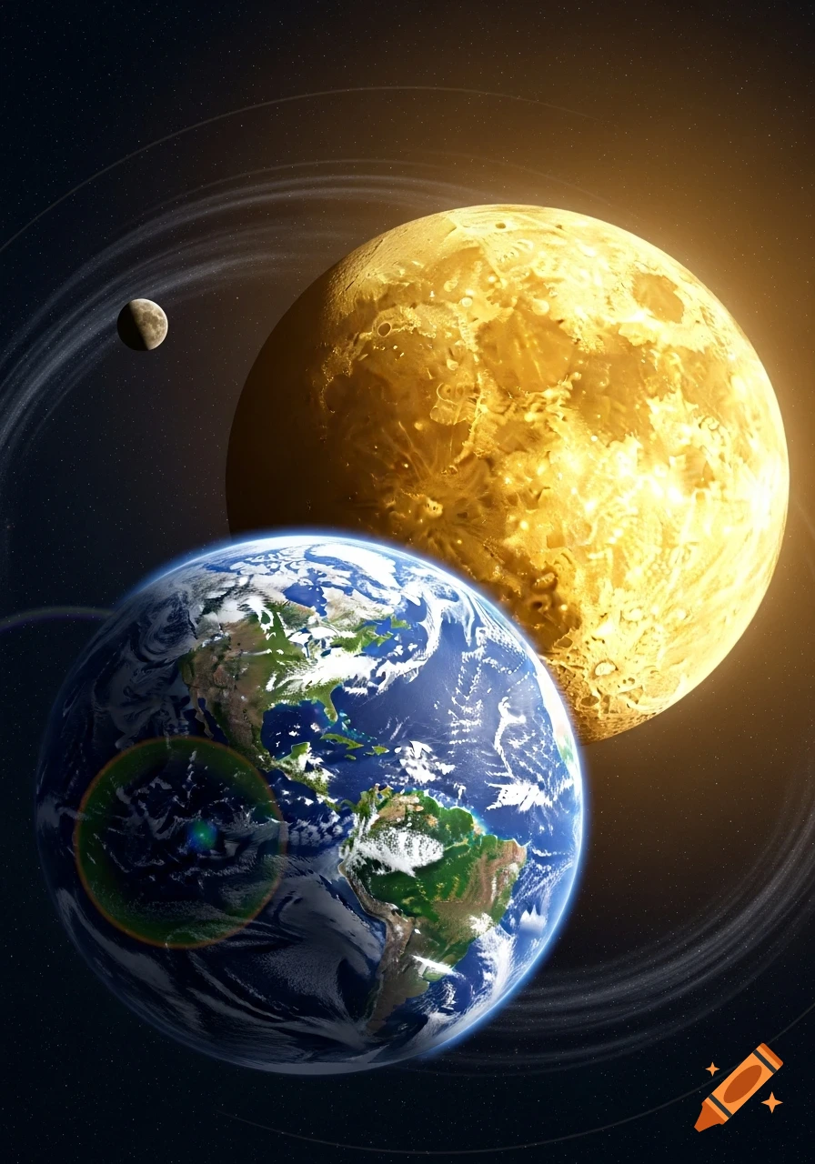 Earth, a large bright yellow moon, and a smaller moon in orbit against a dark starry background.