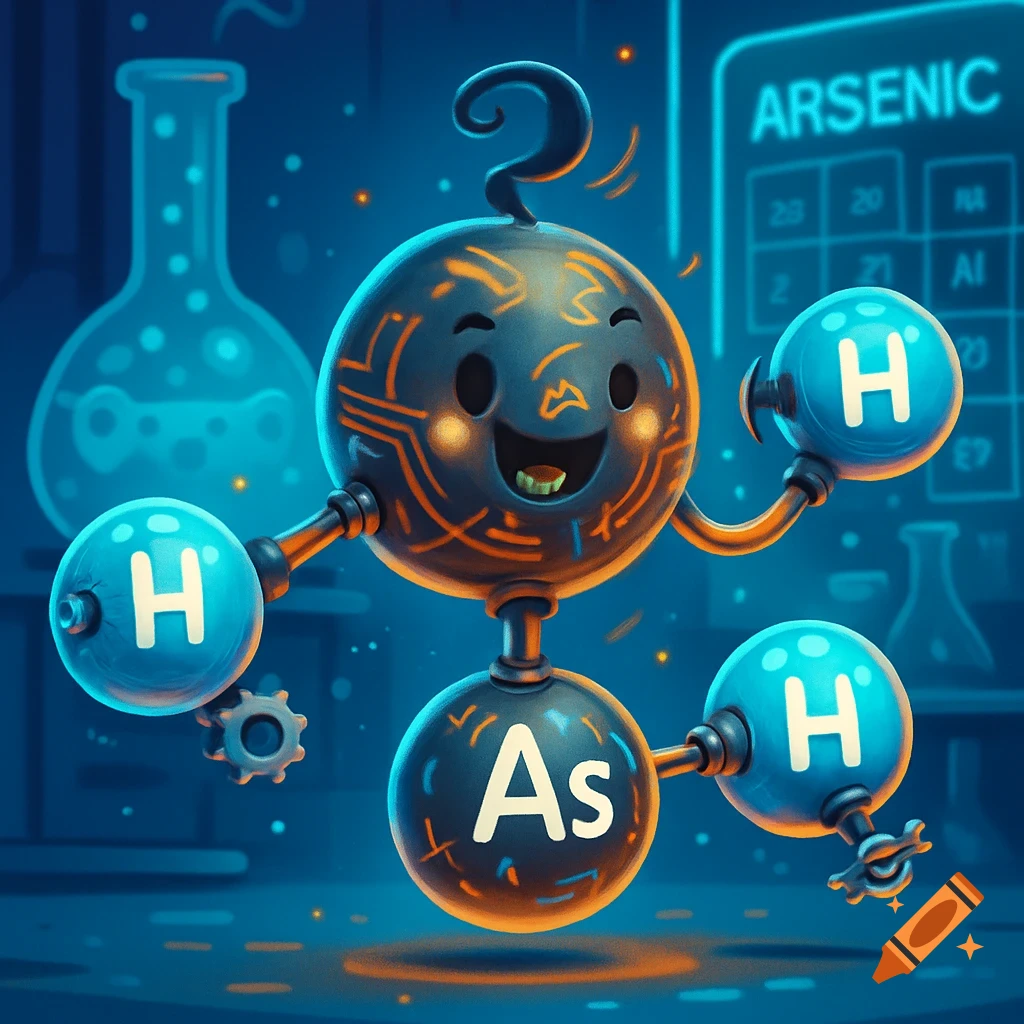 A happy, cartoon-style arsenic molecule (As) with hydrogen atoms (H) in a glowing blue chemistry lab. ARSENIC text is visible on a background display.
