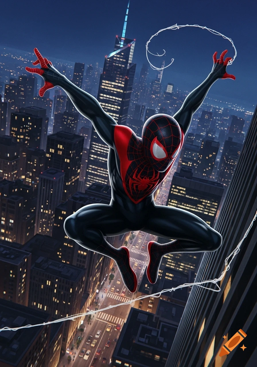 Miles Morales as Spider-Man leaps with outstretched arms, web-slinging above a vast, illuminated city skyline at night.