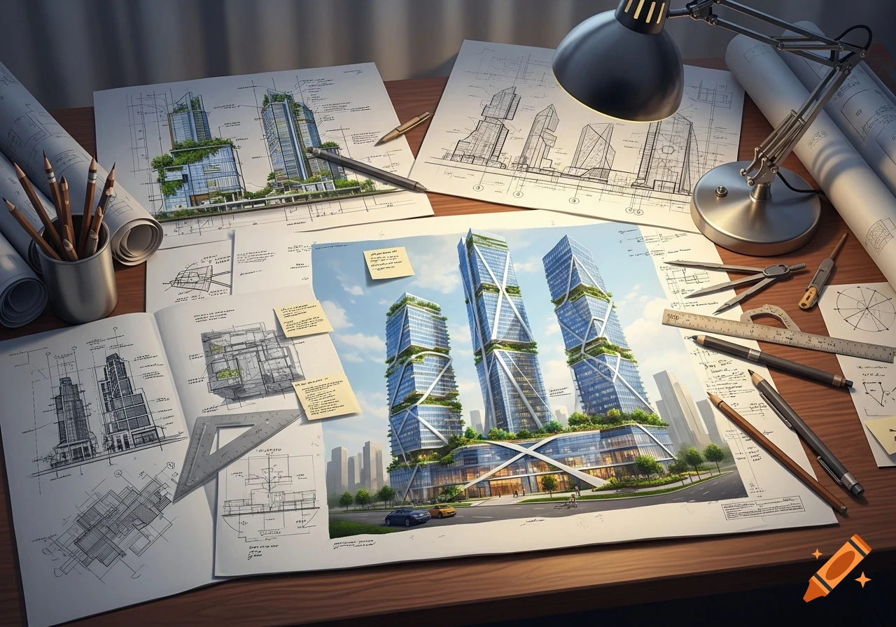 A desk with architectural blueprints, drawing tools, and a rendered image of modern green skyscrapers with sky gardens, illuminated by a desk lamp.