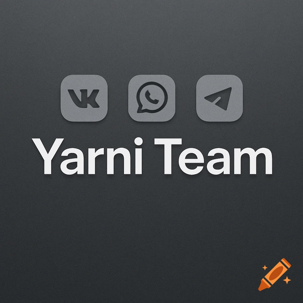Grey VK, WhatsApp, and Telegram icons above the white text 'Yarni Team' on a dark grey background.