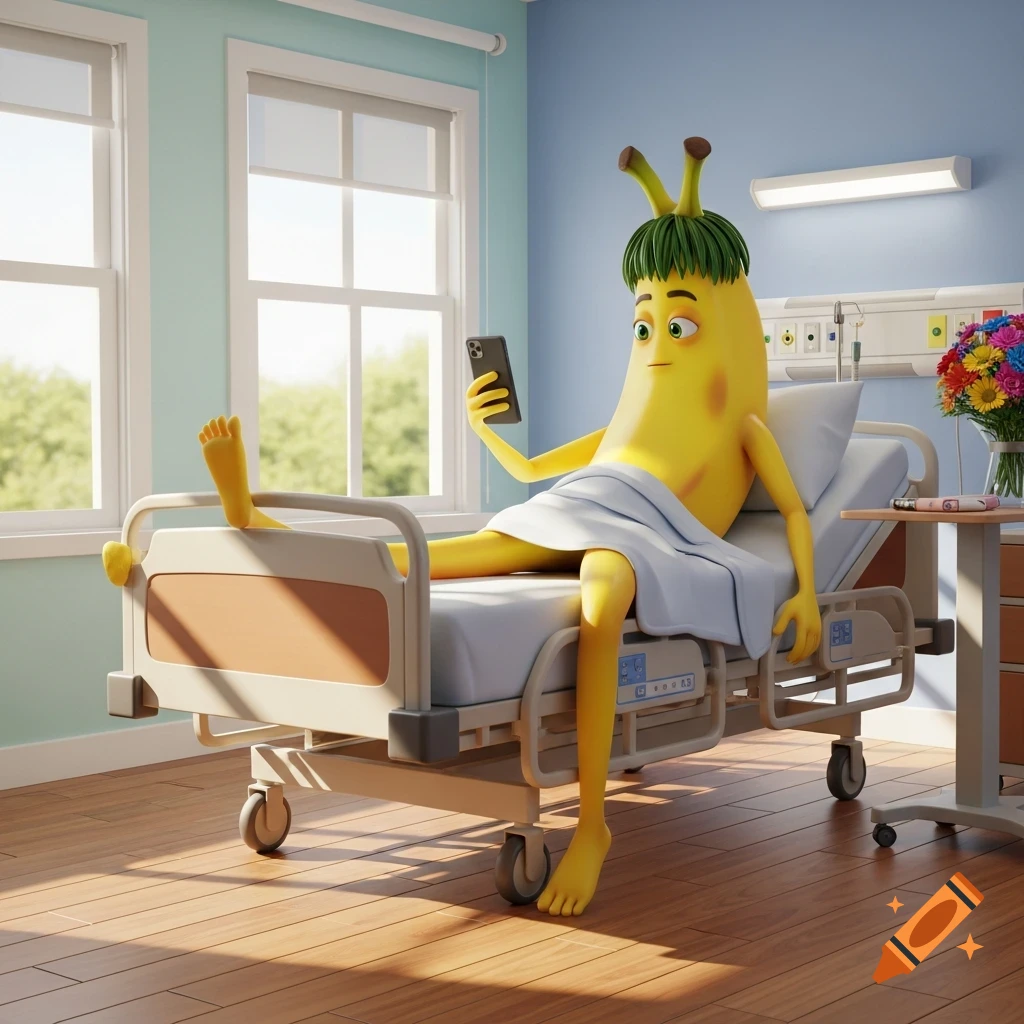 A cartoon banana character with green hair lies in a hospital bed, looking at a smartphone.