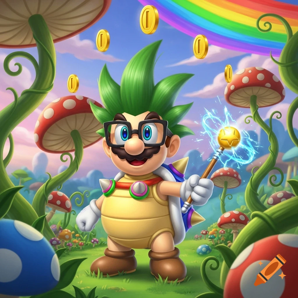 A cartoon character resembling a fusion of Mario and Iggy Koopa with green spiky hair and glasses, holding a glowing magic wand, surrounded by giant mushrooms and floating gold coins under a rainbow sky.