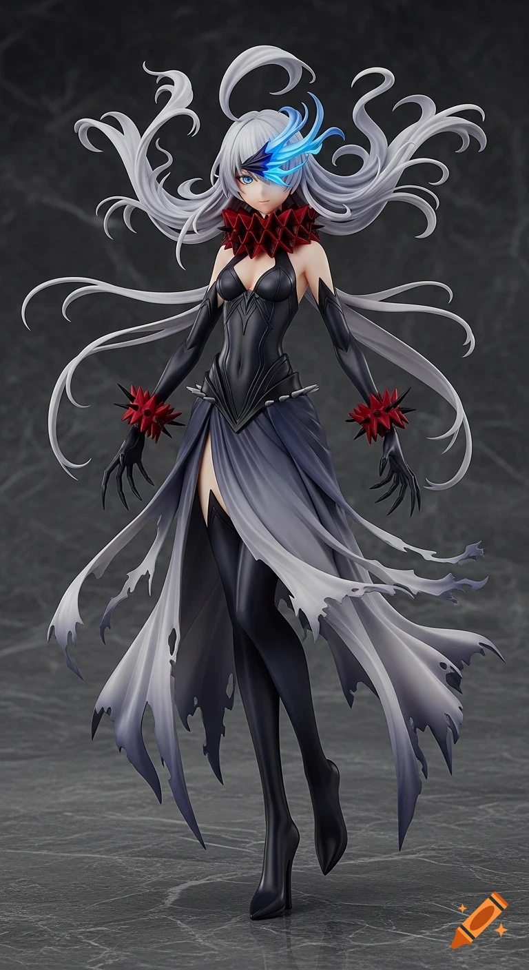 A detailed anime fantasy figure with long white hair, a blue glowing eye, black dress, red spiked collar, and flowing tattered skirt.
