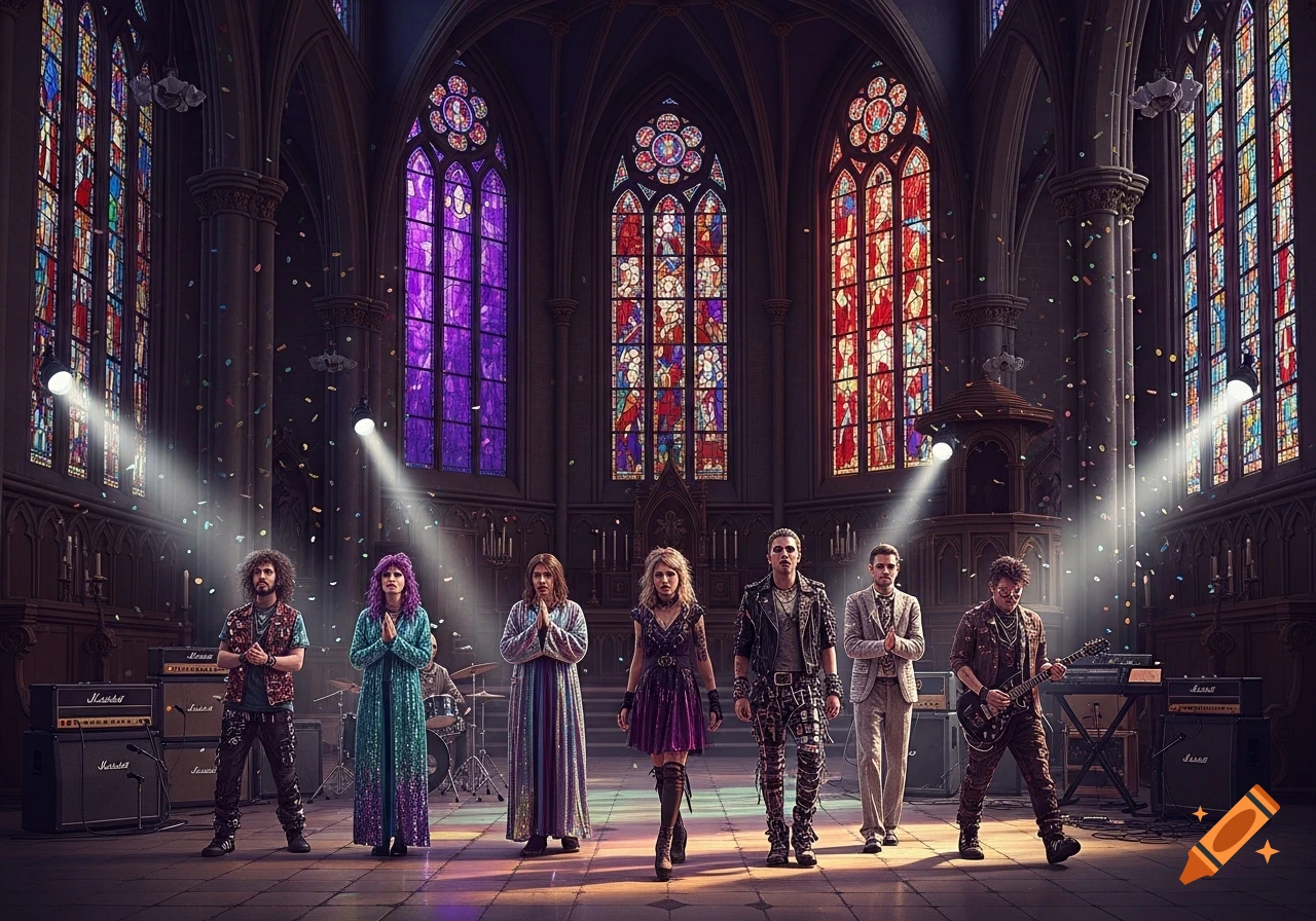 A diverse band in eccentric outfits poses on a stage inside a gothic church with stained glass windows, under spotlights with confetti falling.
