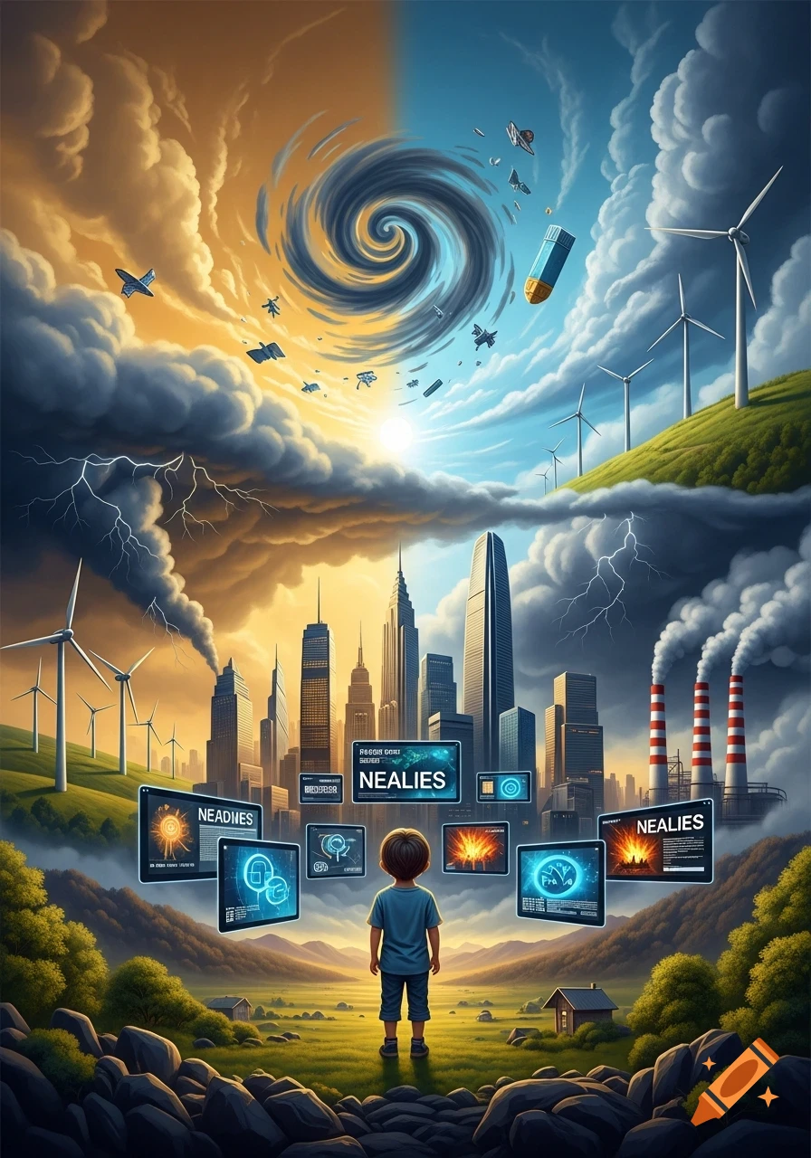 A child stands on a grassy hill overlooking a futuristic city with screens showing data, flanked by wind turbines, factories, and dramatic skies with a vortex.