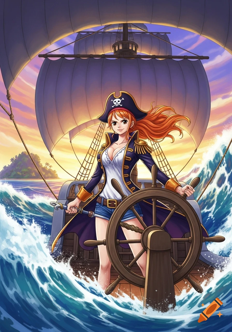 Anime character Nami from One Piece as a pirate, steering a ship through choppy waves at sunset.