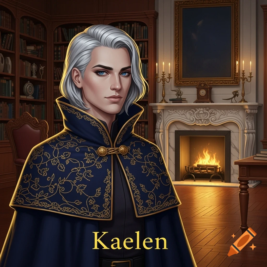 A handsome man with silver hair and blue eyes wears a dark blue cape with gold embroidery in a cozy library with a fireplace.