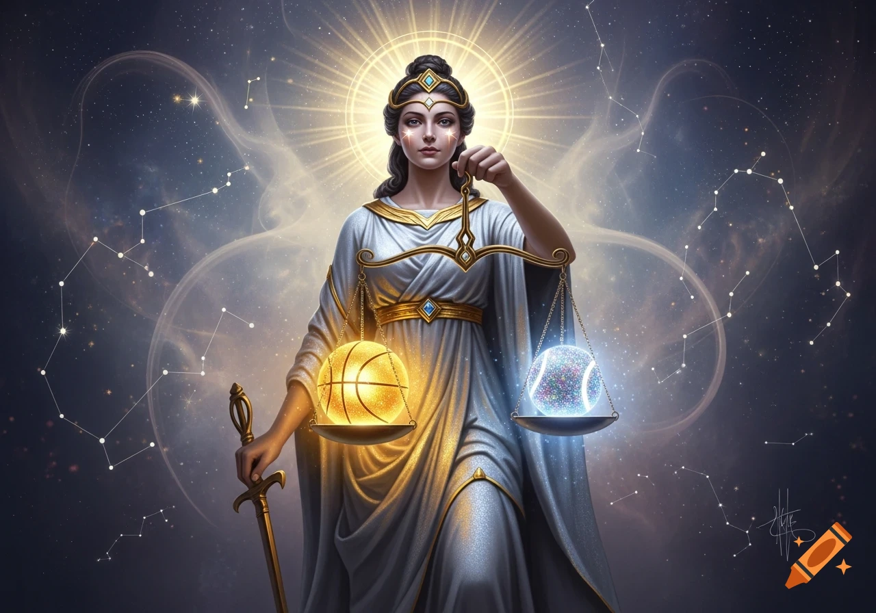 A goddess-like figure in white and gold robes holds scales with a glowing basketball and a glowing tennis ball against a cosmic, star-filled background.