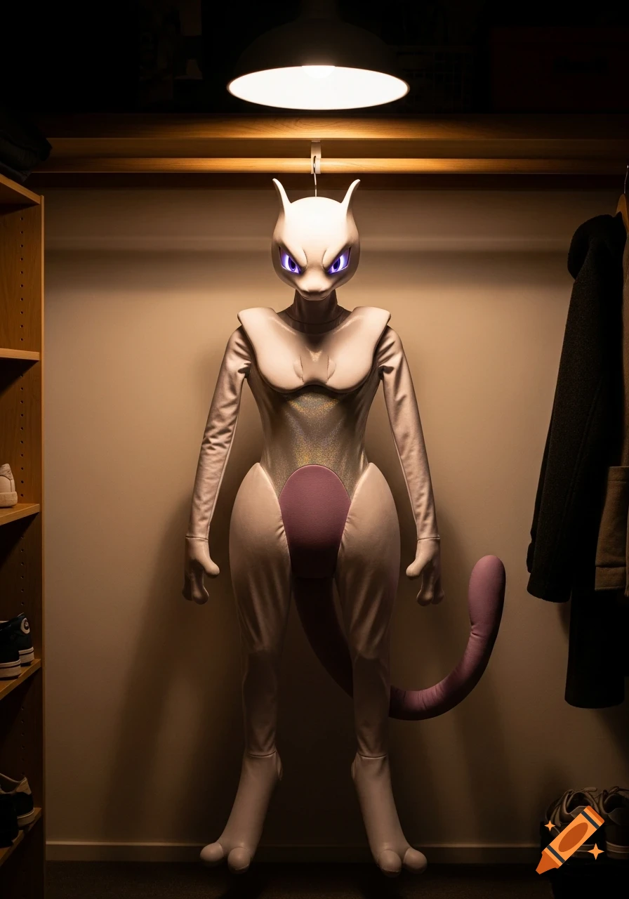 A photorealistic Mewtwo costume with glowing purple eyes hangs on a hanger in a dimly lit wooden closet.