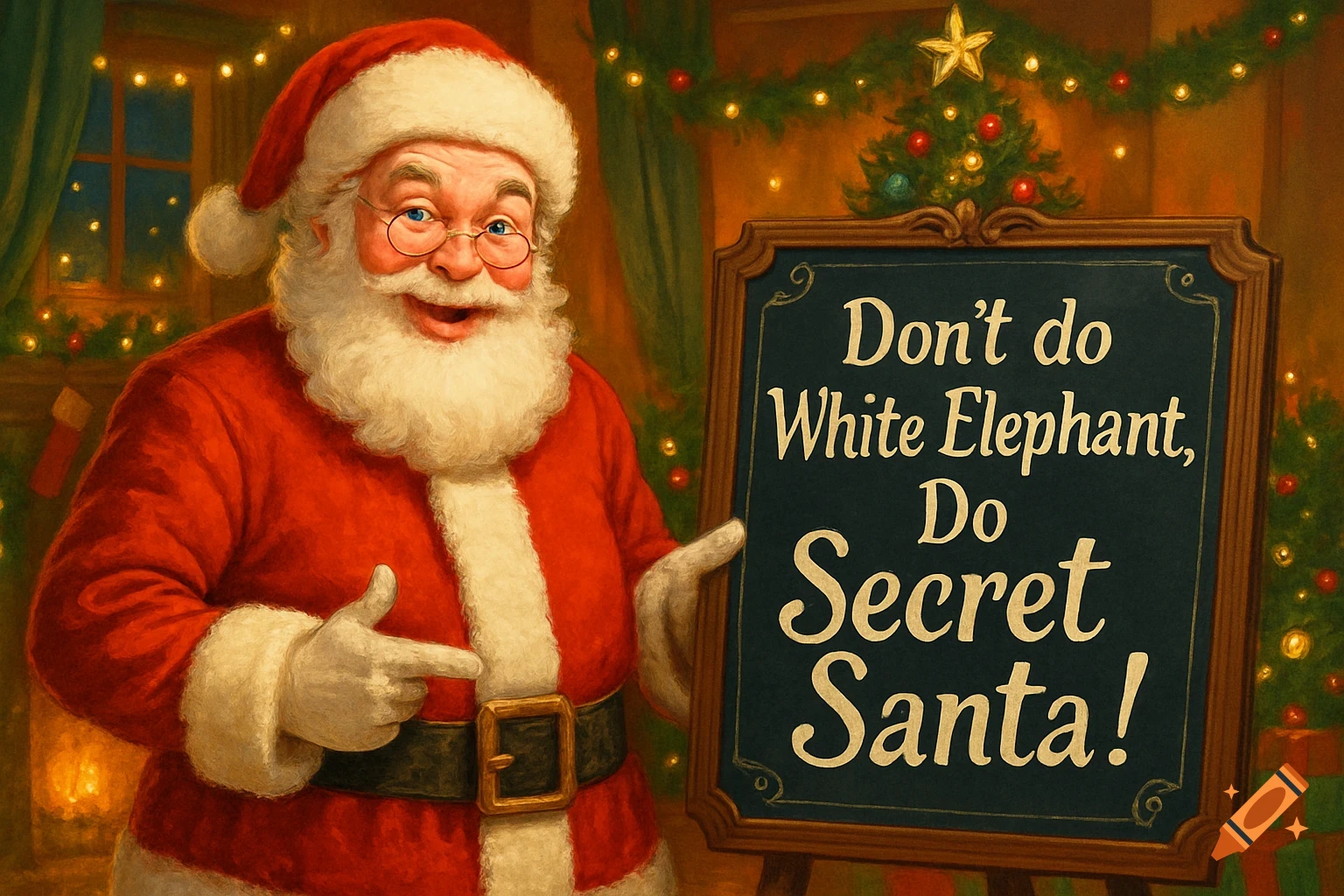 Jolly Santa Claus points to a chalkboard sign encouraging 'Secret Santa' over 'White Elephant' in a cozy, illustrated Christmas scene.
