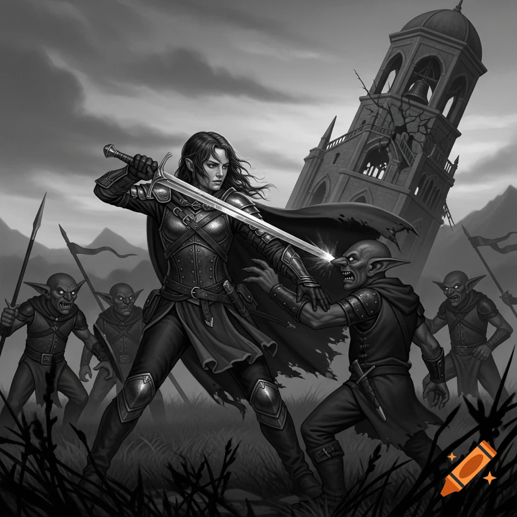 Black and white illustration of a female warrior thrusting a sword into a goblin, with other goblins and a ruined bell tower in the background.