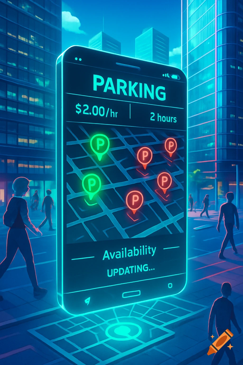 A glowing futuristic mobile parking app with a map and parking spots floats above a neon-lit city street with stylized pedestrians.
