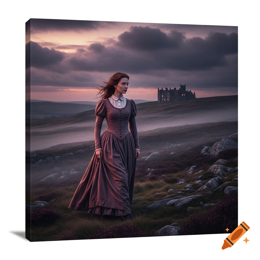 A young woman in a 19th-century dress walks across a misty moorland towards a dark manor under a dramatic, cloudy sky at dusk.