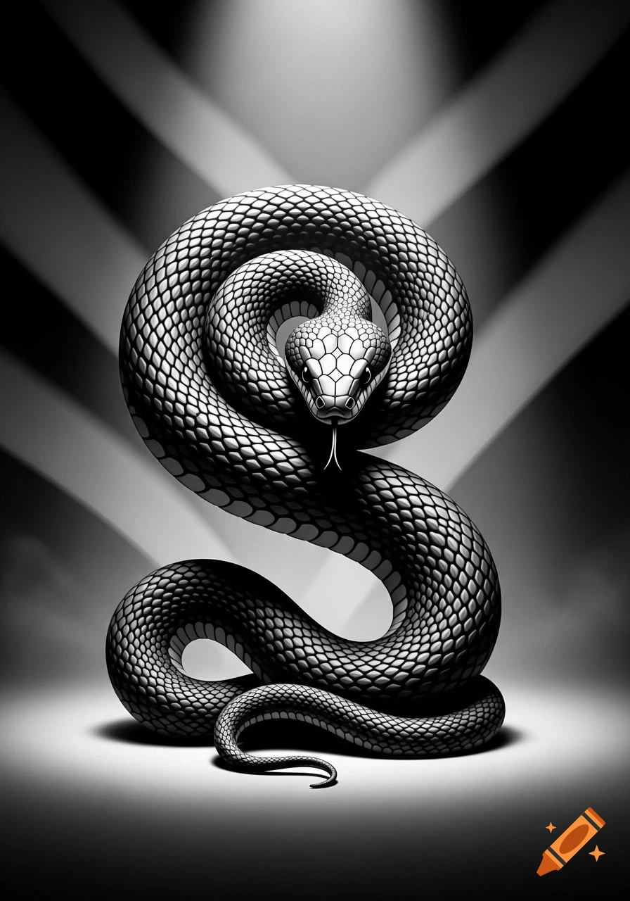 A stylized black and white snake coiled into an S-shape, with its head facing forward, set against a dramatically lit striped background.