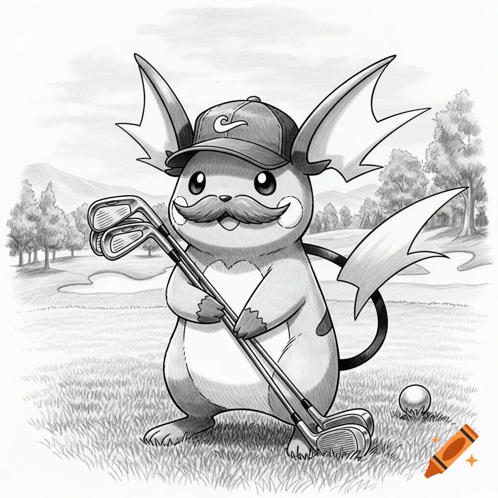 Black and white drawing of a mustached Raichu wearing a golf cap and holding golf clubs on a golf course with trees.