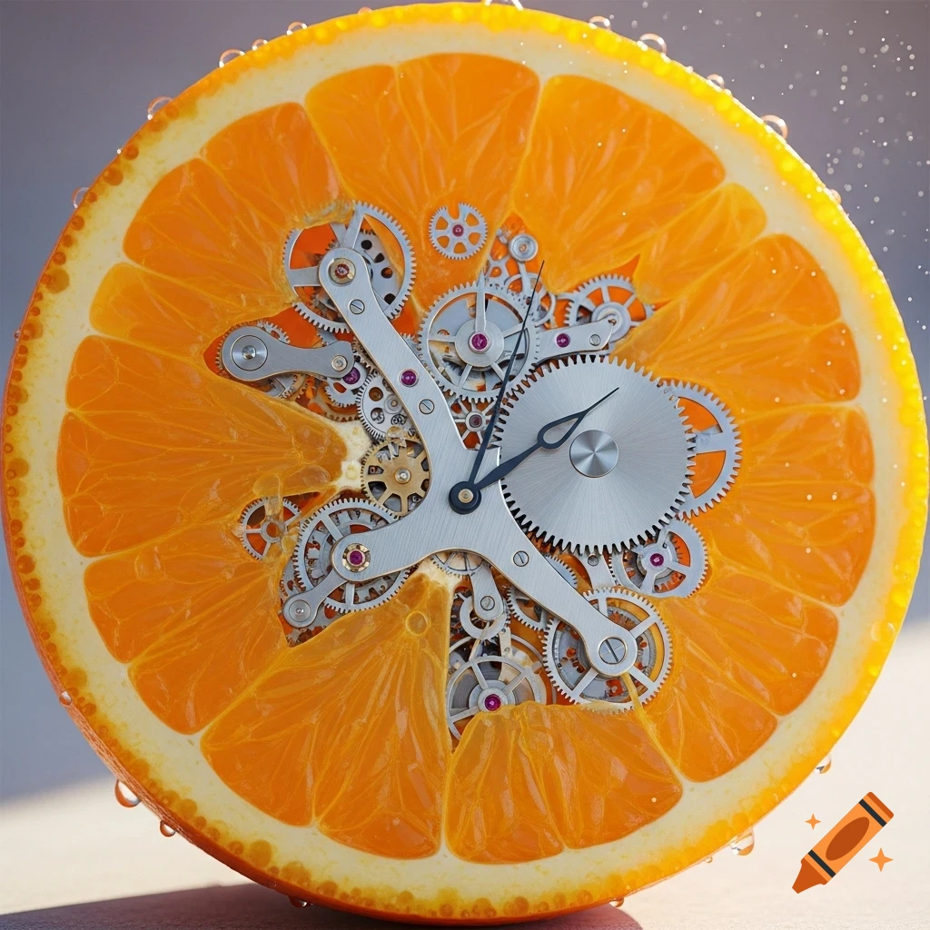 A photorealistic cross-section of an orange half slice with intricate silver clockwork gears and mechanisms replacing its pulp.