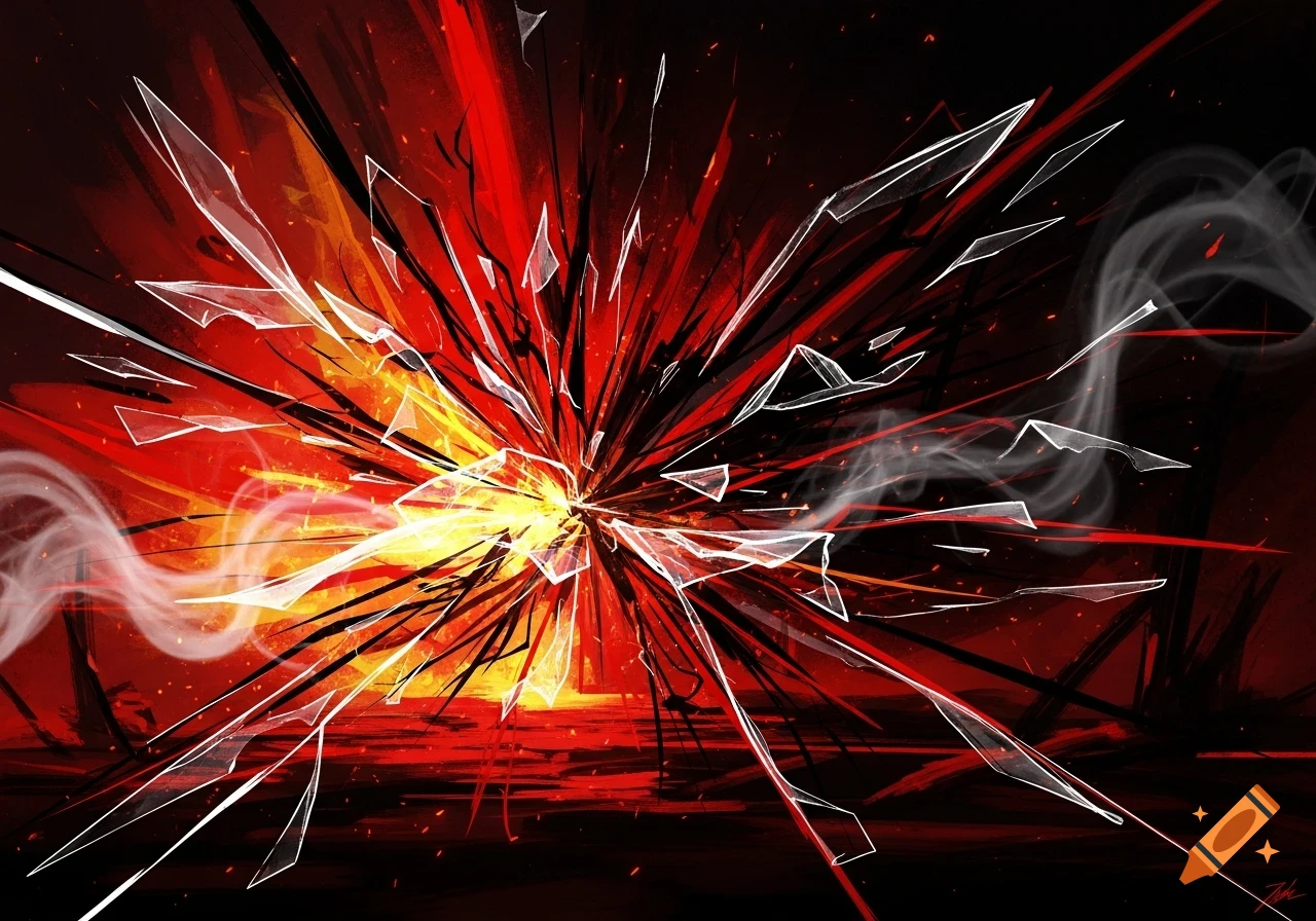 An abstract digital artwork showing a central bright yellow explosion shattering glass shards outwards against a backdrop of red, orange, and black streaks with wisps of white smoke.