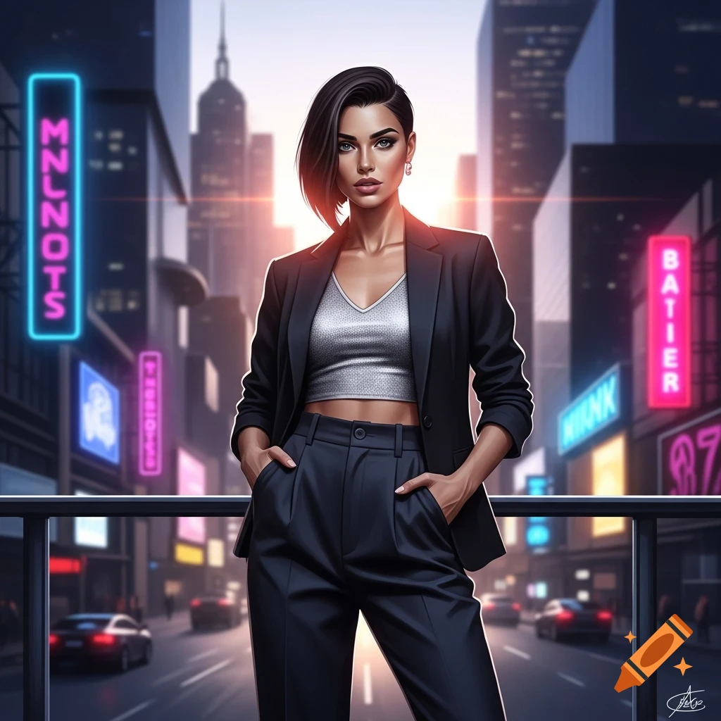 A stylish woman in a black blazer and crop top stands on a city balcony ...