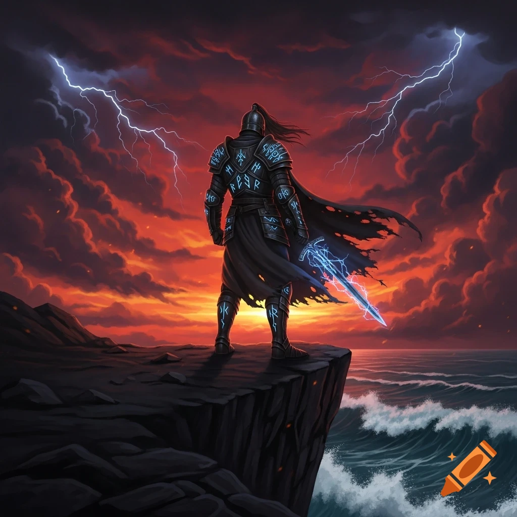 A dark knight in glowing rune armor stands on a cliff overlooking a stormy sea under a fiery sky, holding a glowing blue sword as lightning strikes.