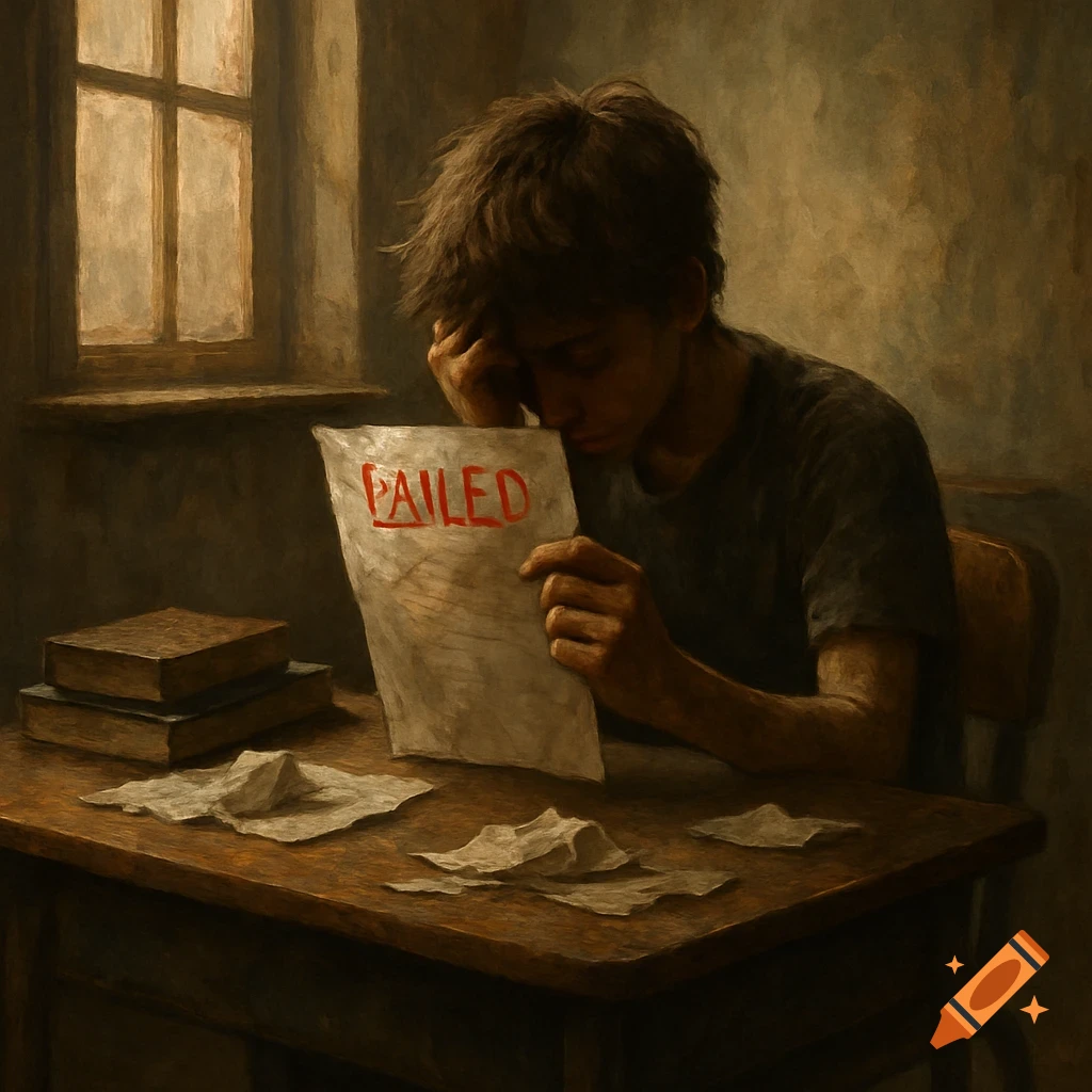 A forlorn student sits at a wooden desk in a dimly lit room, holding a paper with 'FAILED' written in red.