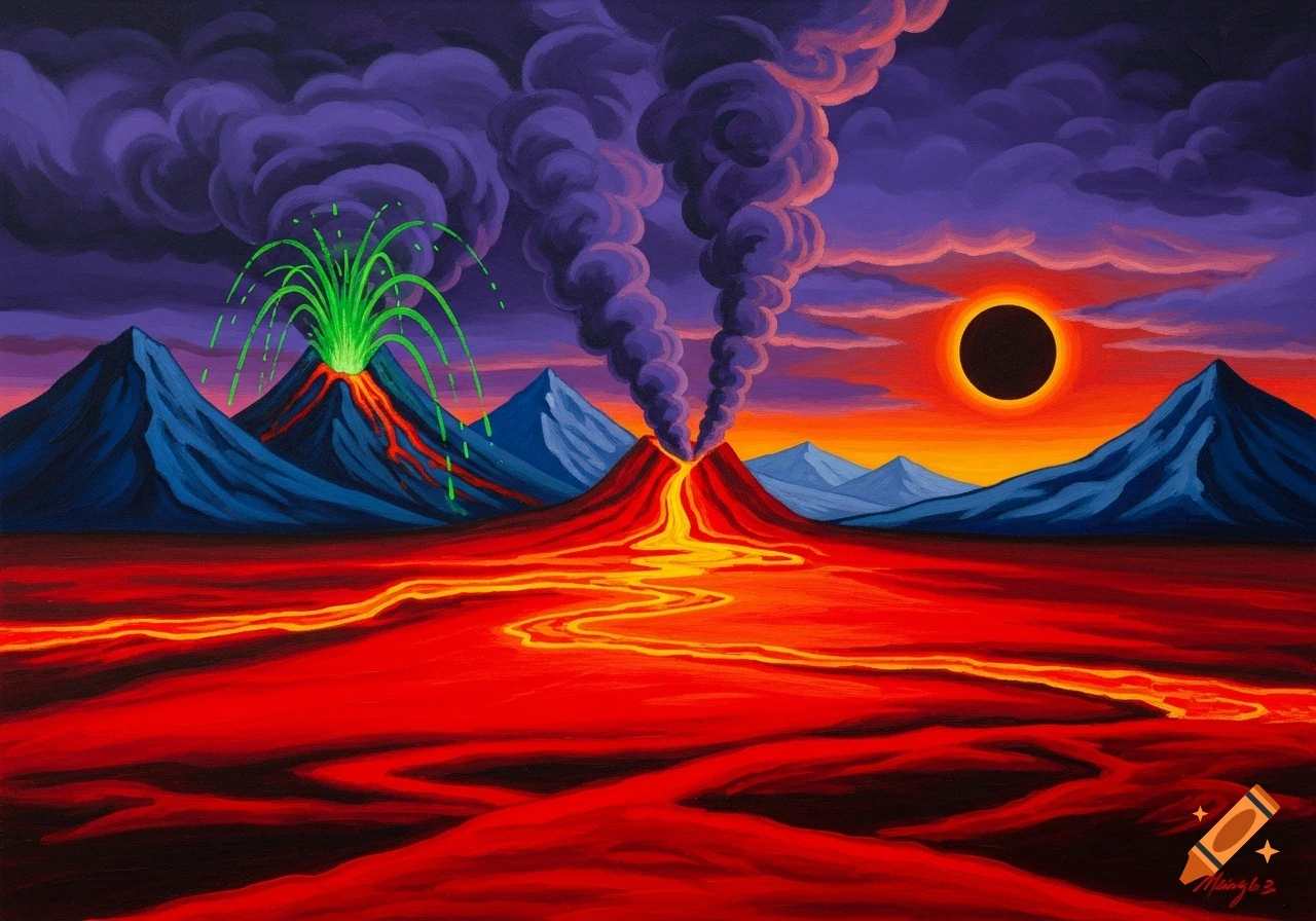Expressionist volcanic landscape with red lava, green eruption, purple smoke, blue mountains, and an orange sky with a total eclipse.