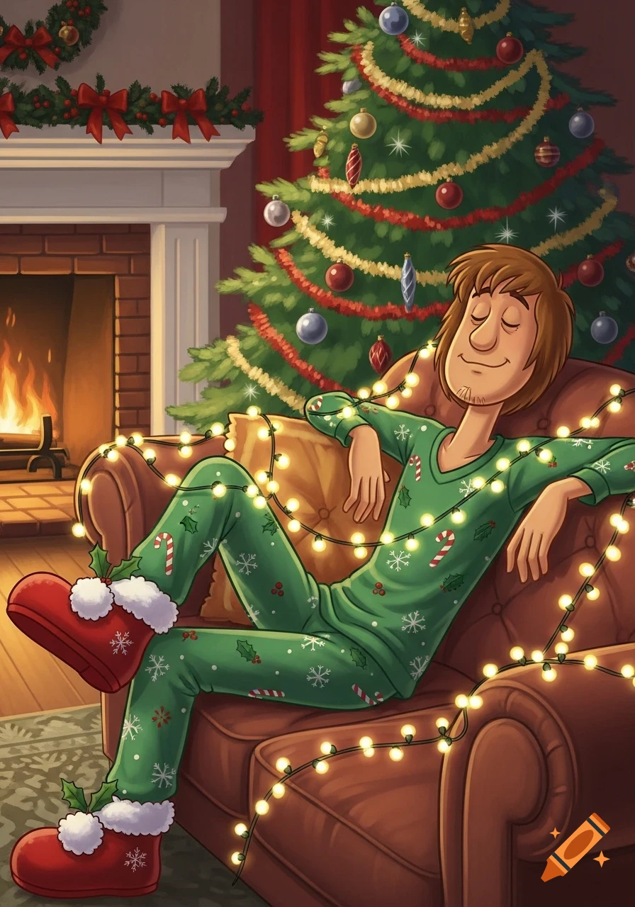 Shaggy Rogers in green Christmas pajamas and red slippers, draped with fairy lights, lounging on an armchair by a lit fireplace and a decorated Christmas tree.