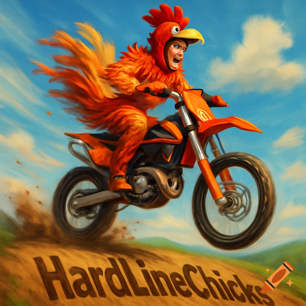 Person in a vibrant orange chicken costume jumps a motocross bike over 'HardLineChicks' text on a dirt track.