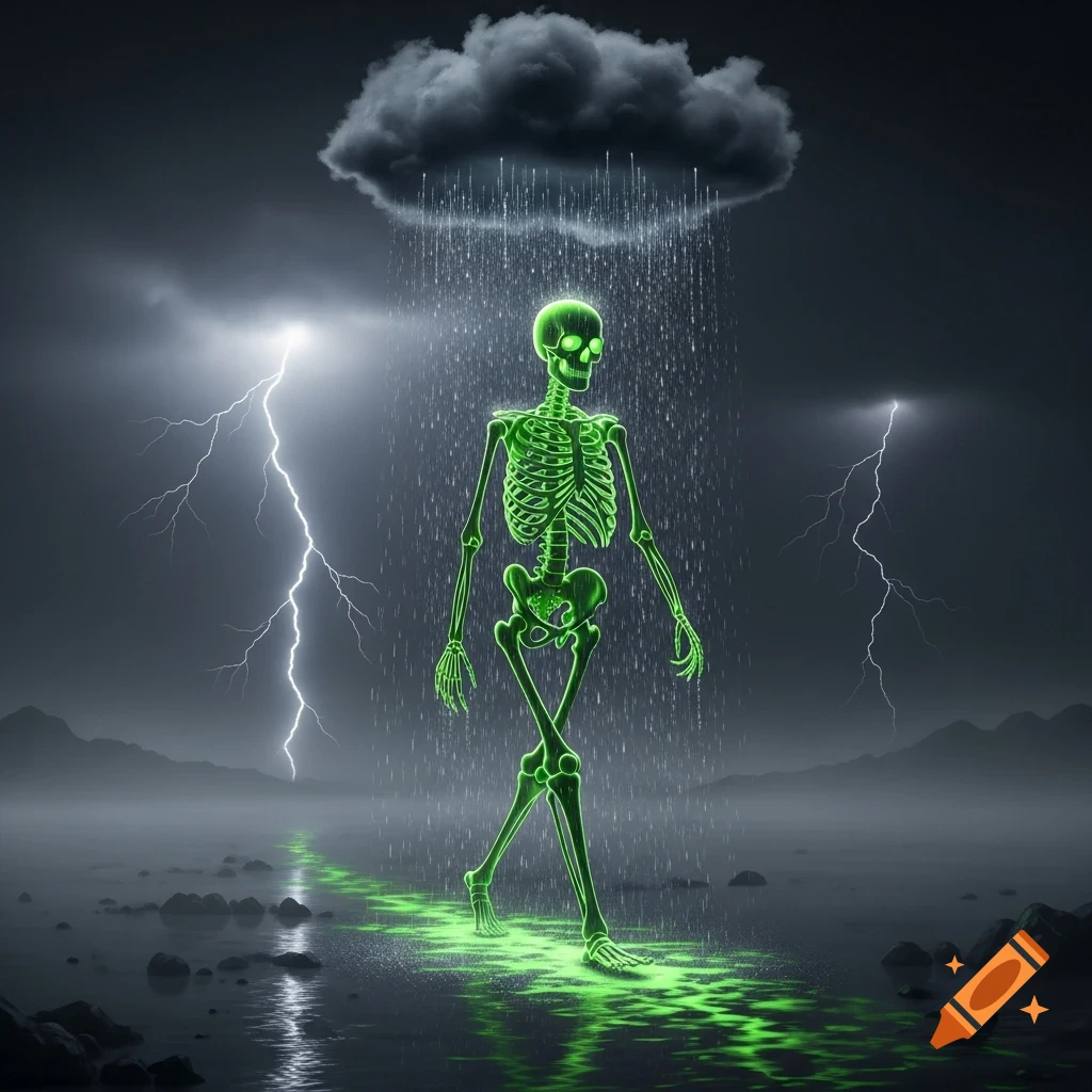 A glowing green skeleton walks on a luminous path in the rain under a stormy sky with lightning.