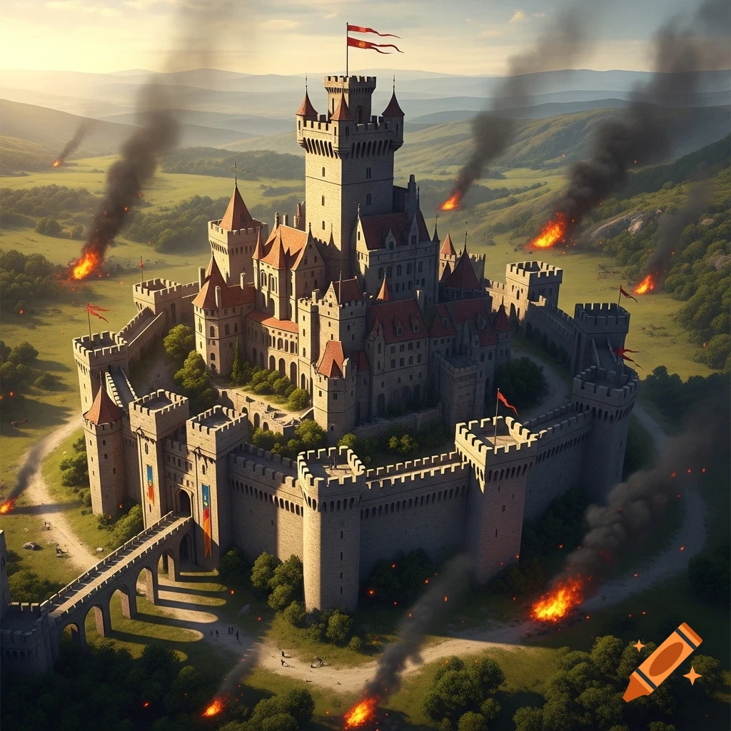 An aerial view of a grand medieval castle with high walls and towers, surrounded by green hills. Fires and smoke rise from outside its walls.